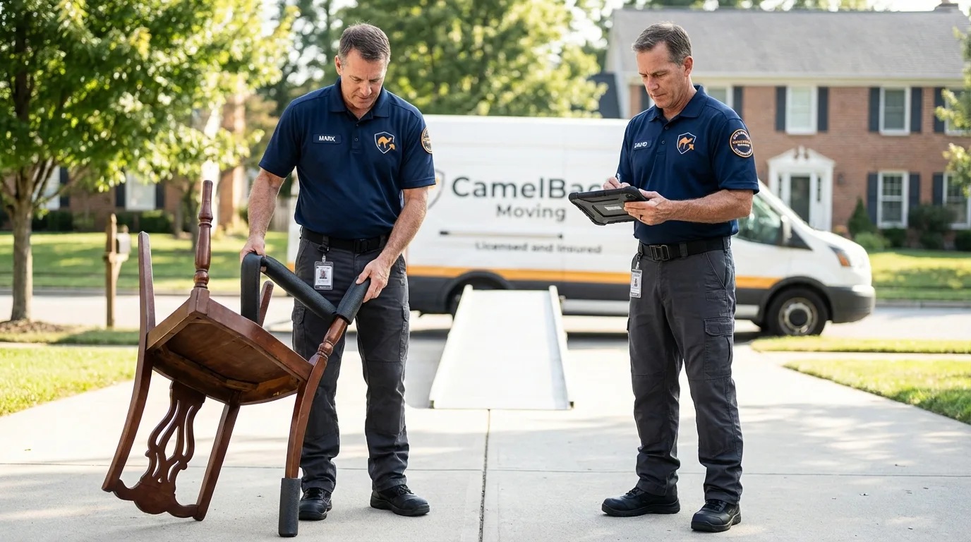 Movers inspecting furniture for damage prevention before loading in New Windsor, MD