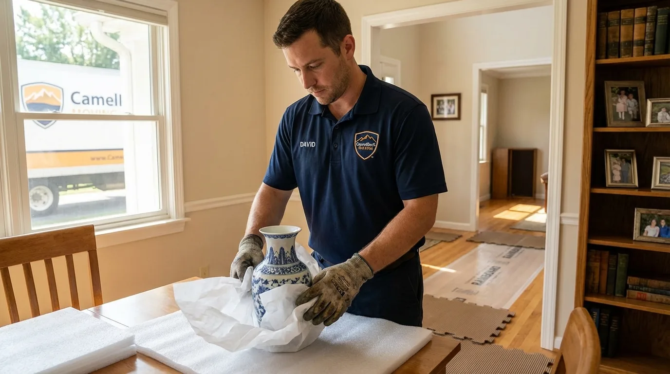 Professional crew carefully wrapping antique vase for senior downsizing move in New Windsor, MD